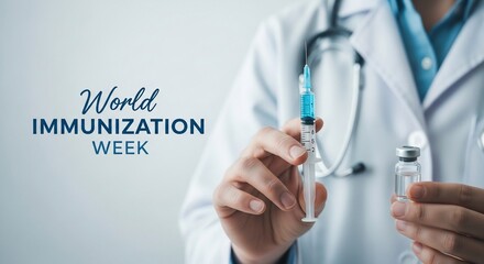 A doctor holding a syringe with blue liquid and a vial for world immunization week campaign use