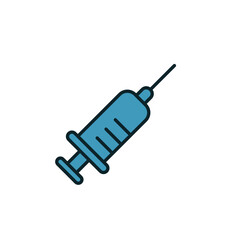 Medical syringe icon filled with blue liquid, representing vaccination, injection, drug delivery, healthcare, and medical treatment procedures.