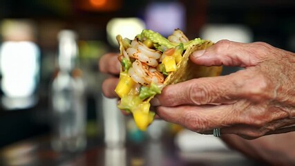 Close up Eye Level Shot of Weathered Hands Presenting a Shrimp Taco Featuring Yellow Cheddar Mango and Green Vegetables a Culinary Delight for Restaurant and Food Promotion