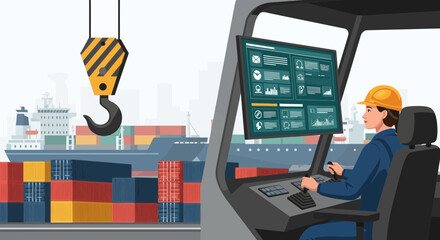 Illustrated global shipping management overseeing port logistics operation process
