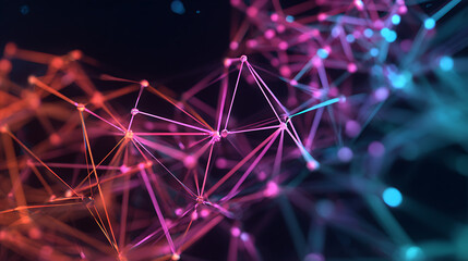 A vibrant geometric pattern of interconnected nodes and lines, representing a neural network.
