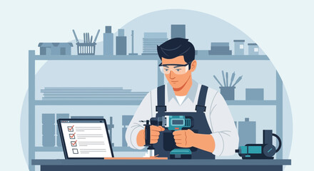 Digital Illustration of a Carpenter Using a Drill with a Checklist on a Tablet