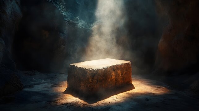 A rectangular stone altar is illuminated by a beam of light in a dark, cavernous setting. The scene evokes a sense of mystery and spirituality.