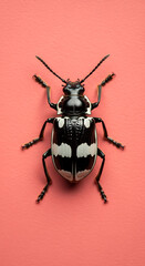 Black and white beetle on a pink background.
