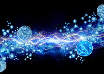 Obraz premium blue bubble and molecule on thunder power background