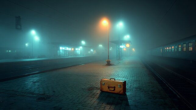 old suitcase sits on platform in eerie fog