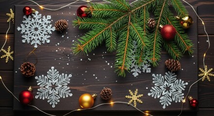 Fir branch pine cone snowflake ornament Christmas festive decoration wooden background create joyful holiday mood