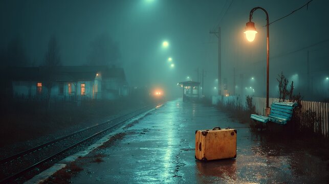 yellow suitcase on foggy train platform
