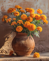 Earthen vessel holding a vibrant bouquet of marigold blossoms in a rustic setting