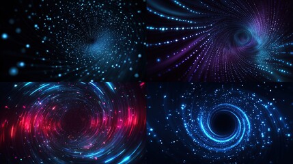 Composite of four vibrant, abstract images of swirling light patterns in a cosmic space, futuristic designs