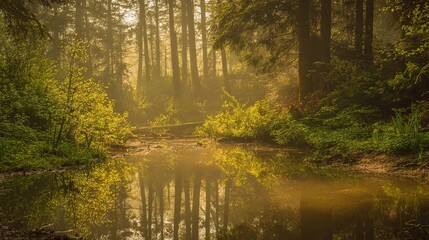 Obraz premium mirror. A serene forest scene reflected perfectly in still water, illuminated by golden sunlight filtering through trees. travel magazines.