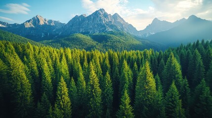 Obraz premium lush evergreen forest,majestic snow-capped mountains,moody cloudy sky,dramatic landscape,serene scenic vista,dense pine tree canopy,rugged mountainous terrain,natural wilderness environment 