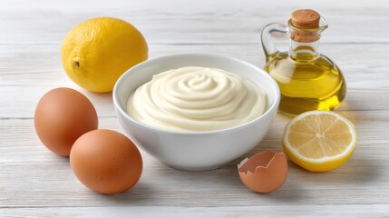 Fresh Ingredients for Homemade Mayonnaise with Eggs, Lemon, Olive Oil, and a Bowl of Creamy Blend on Wooden Table