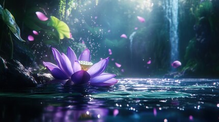 ethereal, glowing, serene, tranquil, light rays, lotus flower, reflection, mystical, enchanted forest, dreamy, dramatic lighting, ambient, fantasy, magical realism