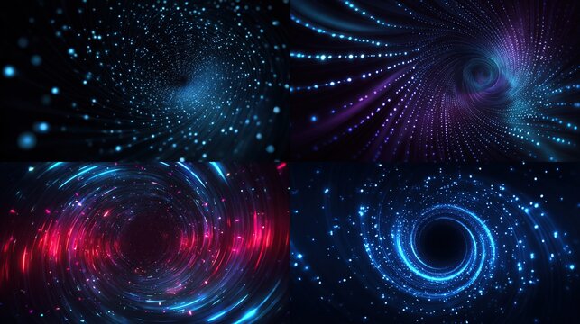 Composite of four vibrant, abstract images of swirling light patterns in a cosmic space, futuristic designs