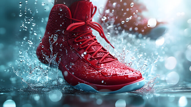 Close-up view of a pair of vibrant red athletic shoes splashing through water, showcasing a dynamic, wet effect.