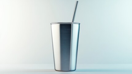Sleek stainless steel tumbler with a metal straw on a bright background.