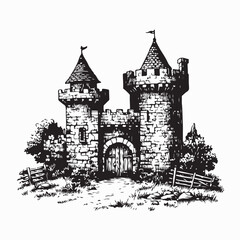 Medieval Stone Castle with Two Tall Towers Isolated on White Background Vector Art