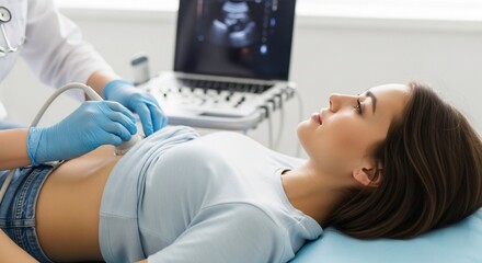 Pregnant woman receiving an ultrasound examination by a doctor in a medical setting for prenatal care