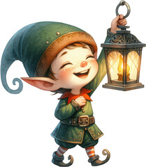 Cheerful Christmas elf carries a glowing lantern, spreading festive light. Perfect for holiday ads, magical winter stories, or seasonal greeting cards.