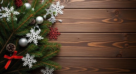 Christmas tree branch, pinecone, snowflake ornament, silver bauble, red ribbon, festive decoration, wooden background
