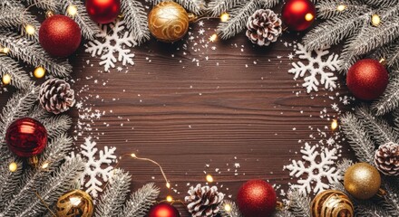 Christmas decoration pine branch red ornament gold ornament snowflake pinecone festive light wooden background create joyful