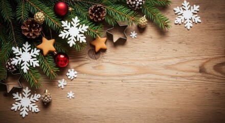Christmas decoration fir branch snowflake pine cone gingerbread red ornament festive wooden background