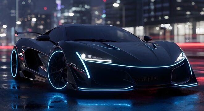 Futuristic black sports car with neon blue accents driving on a wet city street at night - Powered by Adobe
