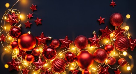 Red Christmas ornaments, glittering baubles, and glowing string lights create festive holiday decoration on dark background