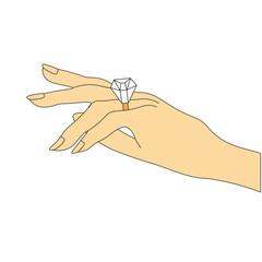 Vector illustration of Wedding Ring with big diamond on the woman hand isolated transparent background. Perfect engagement art wedding invitation card poster cover template design. EPS 10