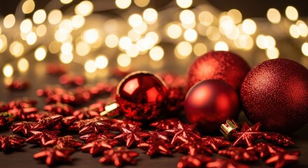 Red Christmas ornament, festive bauble, shiny star, holiday decoration, glowing bokeh, celebration mood