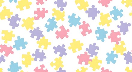 Colorful Pastel Puzzle Pieces Scattered Randomly on White Background Abstract Pattern