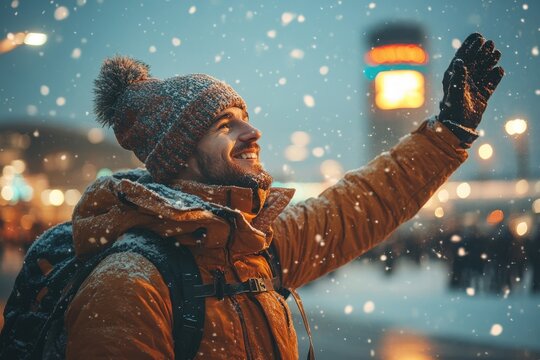 Man in winter clothes and hat with hands raised in the air.