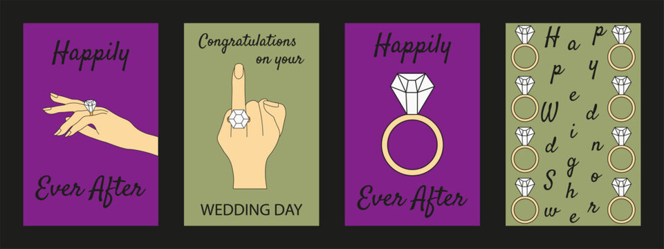 Wedding greeting card collection. Vector illustration of simple gold ring with diamond on the woman hand and Wedding typography template design. Perfect Wedding Shower poster set. Editable EPS 10