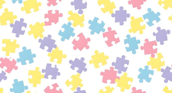 Colorful Pastel Puzzle Pieces Scattered Randomly on White Background Abstract Pattern