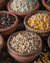 Fototapeta premium Artisanal bowls containing a vibrant assortment of legumes and diverse grains