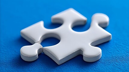 Obraz premium A single white puzzle piece, one component of a larger puzzle, resting on a vibrant blue background, symbolizing connection, integ n, and problem-solving.