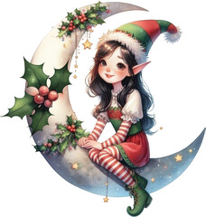 Beautiful Christmas elf sits gracefully on a crescent moon decorated with holly. Perfect for festive ads, greeting cards, and magical holiday promotions.