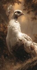A detailed illustration of a beautiful white peacock positioned within a serene woodland scene, showcasing intricate plumage and warm autumnal hues.