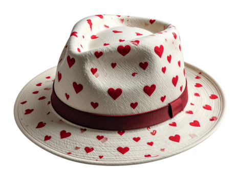 Stylish Fedora Hat with Red Heart Pattern PNG