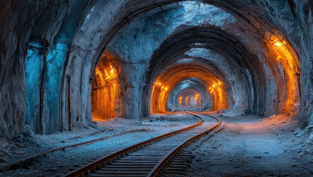 Fototapeta Winding tunnel tracks lit by warm glow
