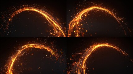 Four-panel artwork features curved, glowing golden streams with glittering particles against a dark backdrop