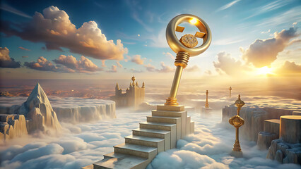 Surreal giant golden key floating above crystal stair surreal glowing mystical fantasy art  