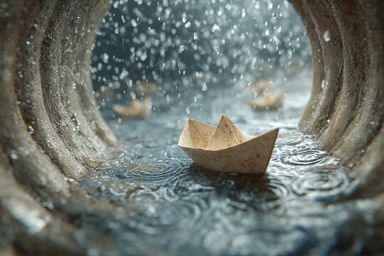 paper boats floating in rainy tunnel