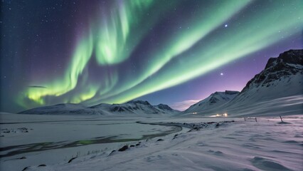 Fototapeta premium Spectacular aurora borealis over snowy landscape in the arctic region at night