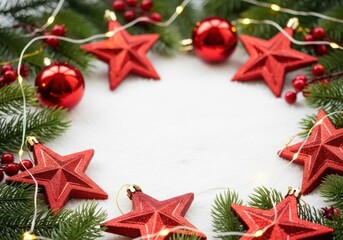Red star ornament, Christmas ball, pine branch, berry, and fairy light frame on white background, festive and joyful mood
