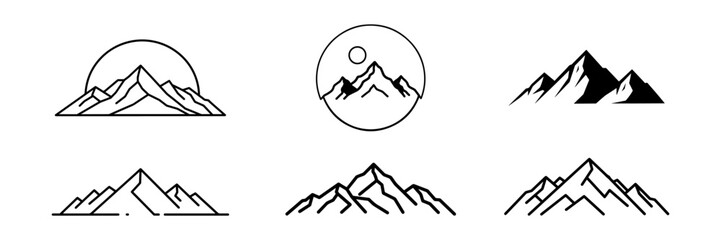 Six minimalist mountain range icons and symbols mountains