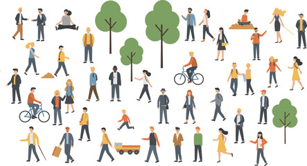 Flat vector illustration of diverse people walking, cycling, working, and interacting outdoors, with trees and park setting, isolated on white background for lifestyle and activity design