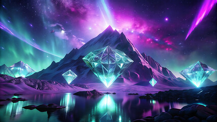 Surreal glowing diamond mountains under a purple aurora surreal dreamy fantasy illustration  