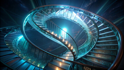 Surreal glowing glass staircase spiraling into infinity surreal mystical fantasy artwork  